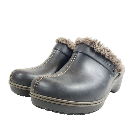 Crocs Womens Size 10 Black Faux Fur Lined Clogs Heeled Slip-On Mules - Picture 2 of 8